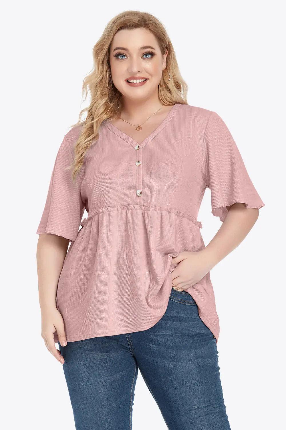 Plus Size Buttoned V-Neck Frill Trim Babydoll Blouse - M. Burks Pretty Boutique LLC.shop