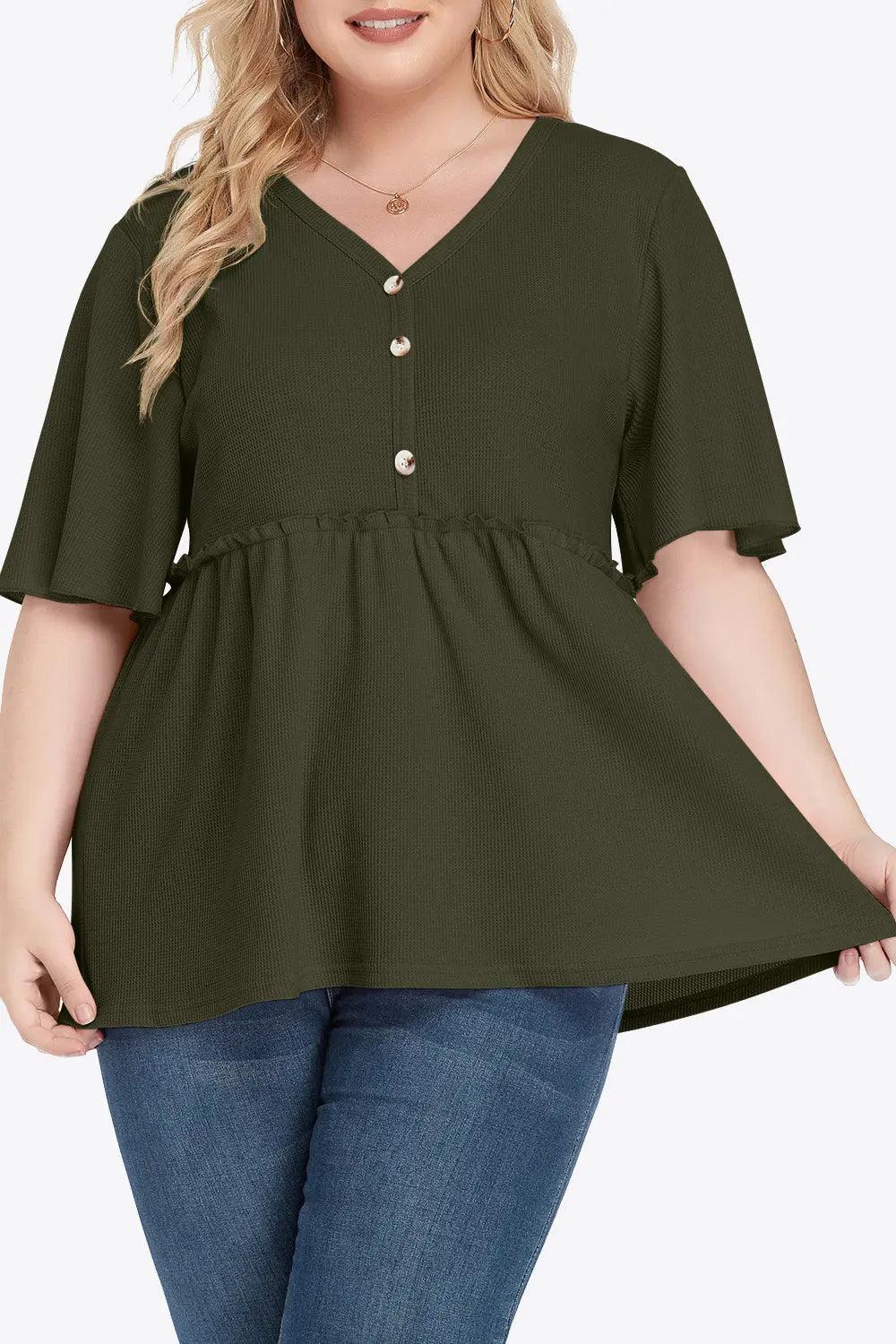 Plus Size Buttoned V-Neck Frill Trim Babydoll Blouse - M. Burks Pretty Boutique LLC.shop