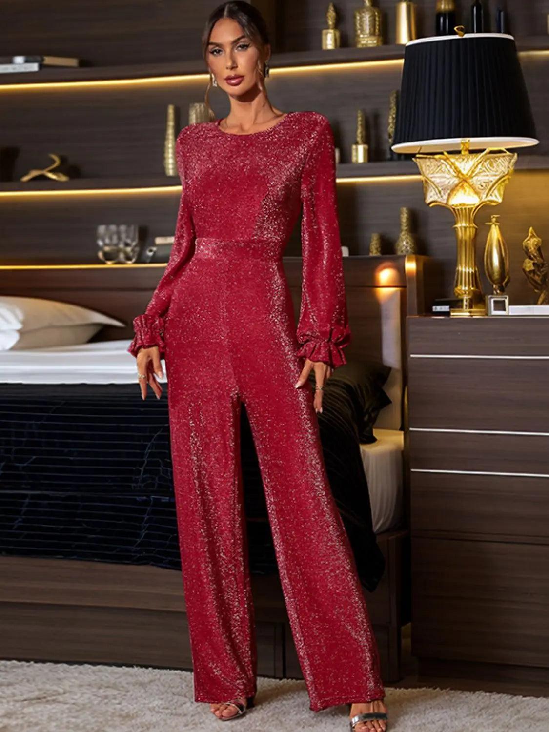 Perfee Cutout Round Neck Long Sleeve Jumpsuit - M. Burks Pretty Boutique LLC.shop