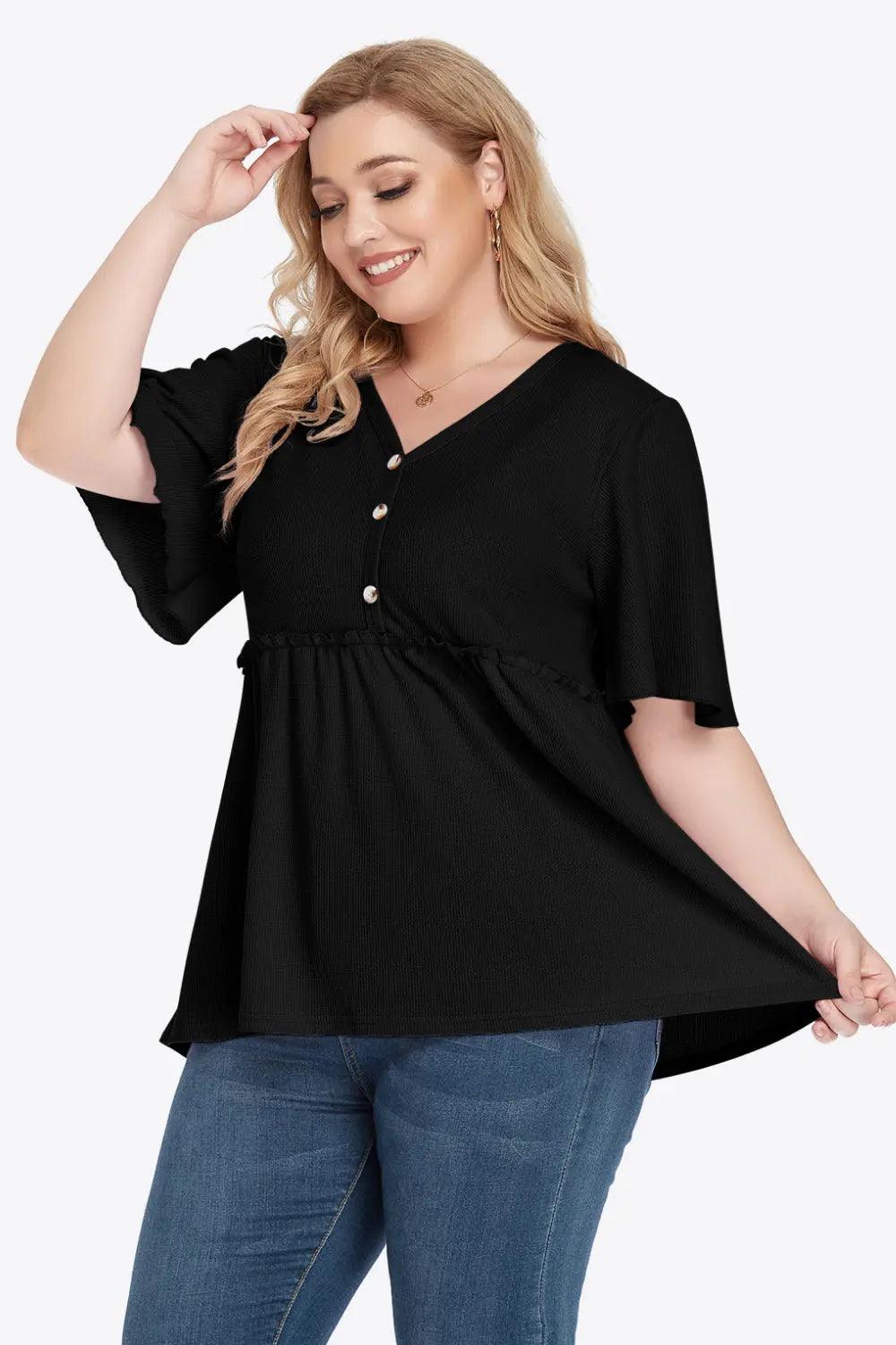 Plus Size Buttoned V-Neck Frill Trim Babydoll Blouse - M. Burks Pretty Boutique LLC.shop