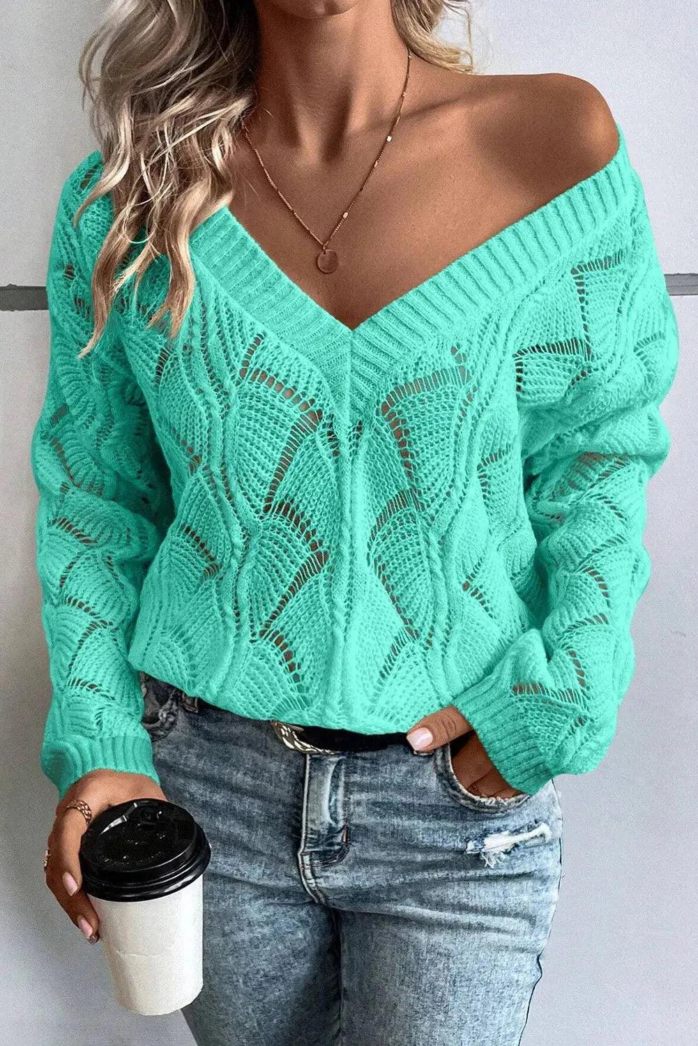 Openwork V-Neck Long Sleeve Sweater - M. Burks Pretty Boutique LLC.shop