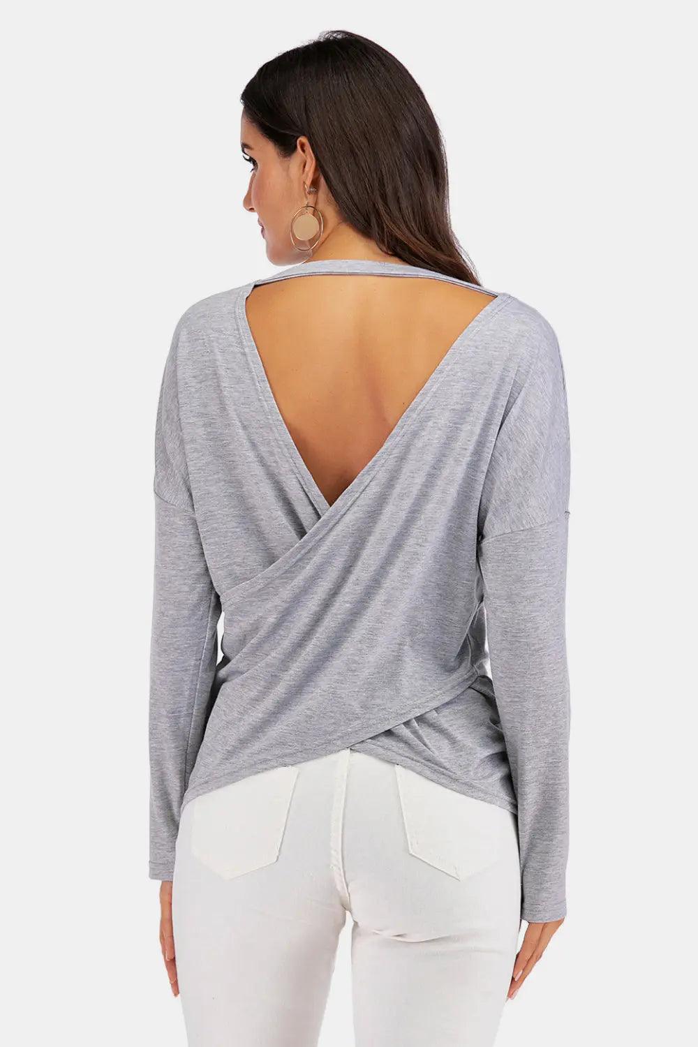 Perfee V-Neck Drop Shoulder Open Back Sweatshirt - M. Burks Pretty Boutique LLC.shop